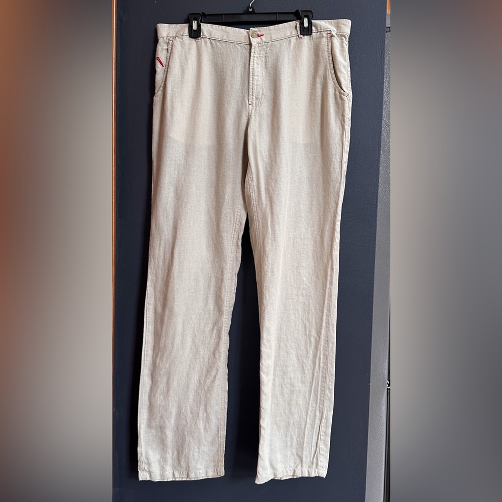 Cottonworld 100% Linen Cream Straight Leg pants, Red Accent Stitching